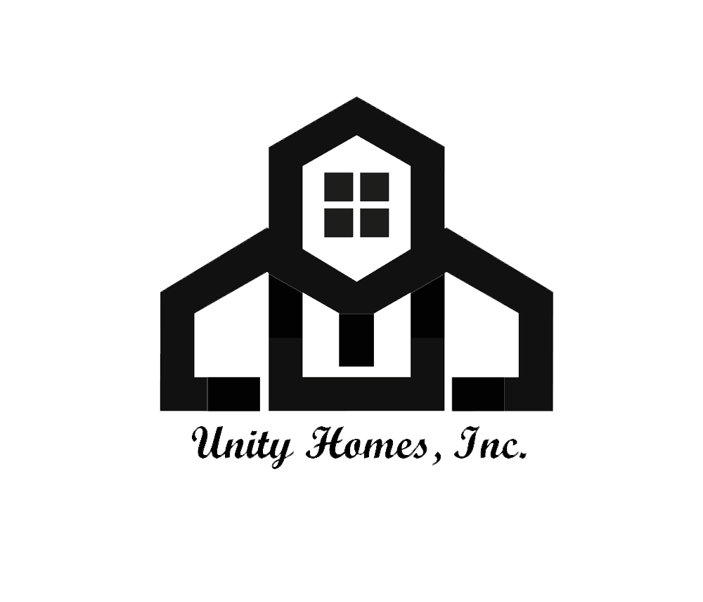 A black and white logo of Unity Homes, Inc.